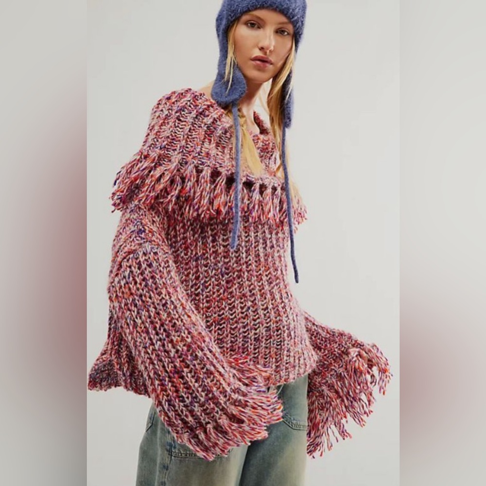 Free People One Kinsley Fringe Woven Cowl Neck Foldover Sweater Size Large